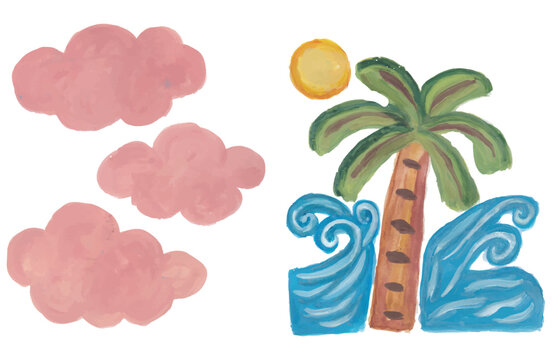 Pastel clouds and tropical sun tree and ocean wave hand drawn watercolor art