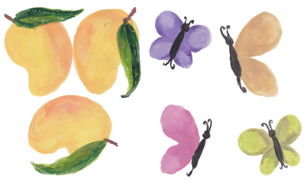 Mangos and colorful butterflies hand drawn watercolor clip art