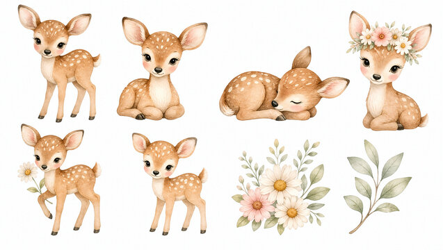 Cute watercolor woodland deer clipart set. Baby fawns with flower crown, daisies, and green leaves isolated on white background. For nursery decor and baby shower invitations
