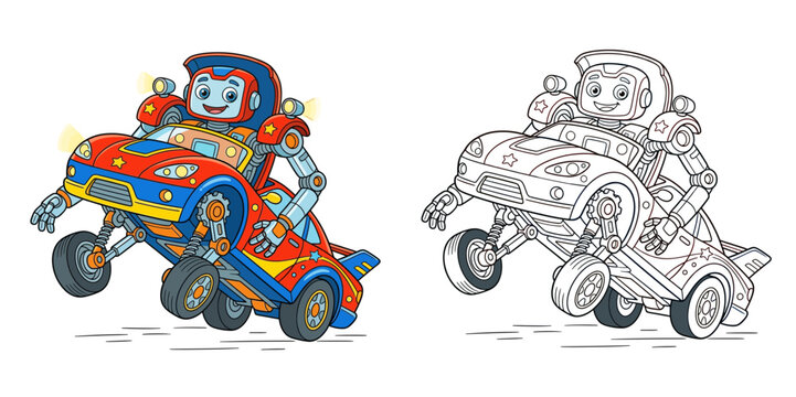 Cute transformer robot car cartoon vector illustration with black and white outline coloring page for kids educational activity book