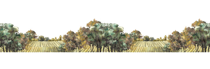 Fototapeta premium Watercolor Vineyard rows with trees seamless landscape border. Hand painted illustration for wine labels, packaging, banners, menus and agricultural design. Isolated from background rural pattern.