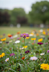 Fototapeta premium Purple cosmos flower standing tall in a vibrant meadow of colorful wildflowers, natural beauty and spring season
