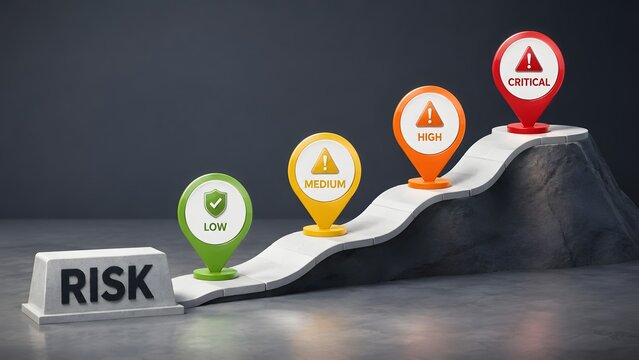 Risk assessment matrix concept with low to critical levels on a mountain path, business strategy and danger evaluation.