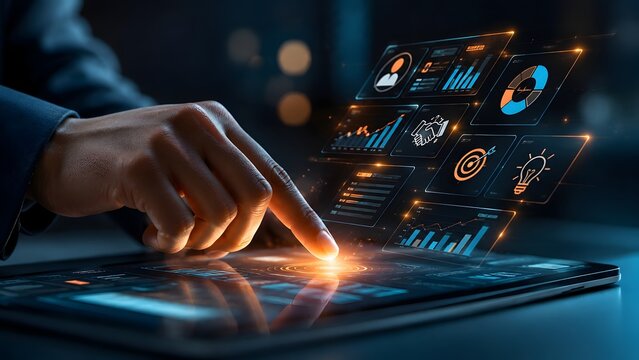 Hand interacting with futuristic digital tablet displaying glowing holographic business icons and data charts for financial strategy planning.