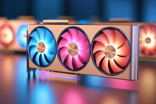 Glowing graphics card with three colorful fans and metallic finish