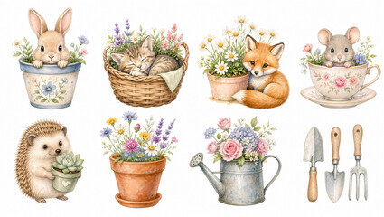 Naklejka premium Cute watercolor gardening spring animal clipart set. Bunny kitten fox mouse hedgehog flowers watering can tools isolated on white background. Baby shower and kids design elements