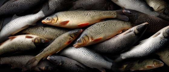 Fototapeta premium Freshly caught fish displayed in a pile showcasing silver scales and varied bodies under natural light in a clean, commercial setting