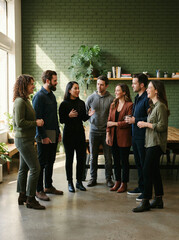 Fototapeta premium Seven adults gather for conversation around a long table in a green brick room