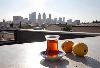 Fototapeta premium Turkish tea in a traditional glass with fresh apricots on a rooftop terrace overlooking a city skyline, the blurred background features a modern city skyline with tall buildings under a clear sky