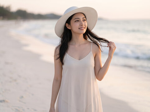 夕映えの海辺で髪に手をやり遠くを見るストローハットの女性