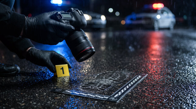 Forensic Photographer Documenting Evidence at a Wet Nighttime Crime Scene
