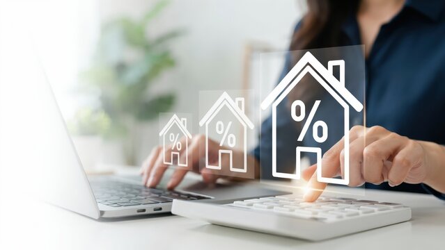 Professional calculating mortgage interest rates on laptop