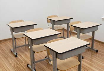 Fototapeta premium Empty classroom with rows of wooden student desks and chairs on a light wood floor, education and learning environment, the room features a light wood floor and plain white walls