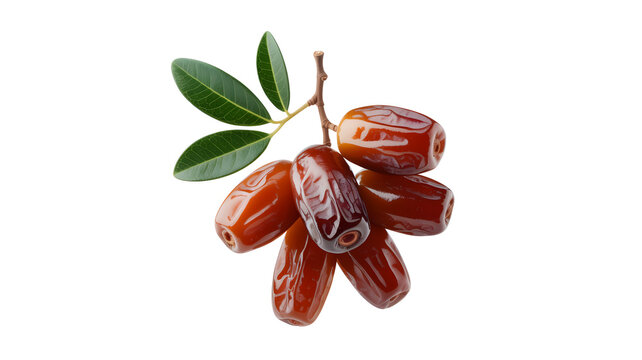 Shiny brown dates hanging on branch with green leaves isolated on white background with attached woody branch cluster glossy brown middle eastern