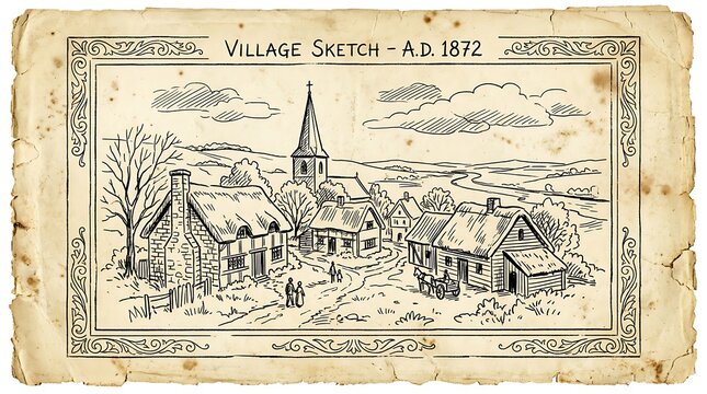 A beautifully detailed antique illustration depicts a lively and bustling town square in europe from a historic time period