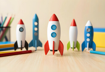Fototapeta premium Row of colorful toy rockets on a wooden desk with School supplies, education, innovation, and startup growth