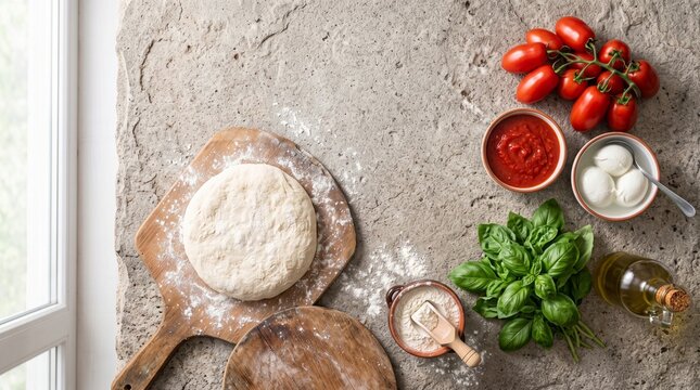 Pizzafest Naples pizza ingredients with fresh dough, tomatoes, mozzarella, basil and olive oil arranged for traditional Neapolitan pizza preparation