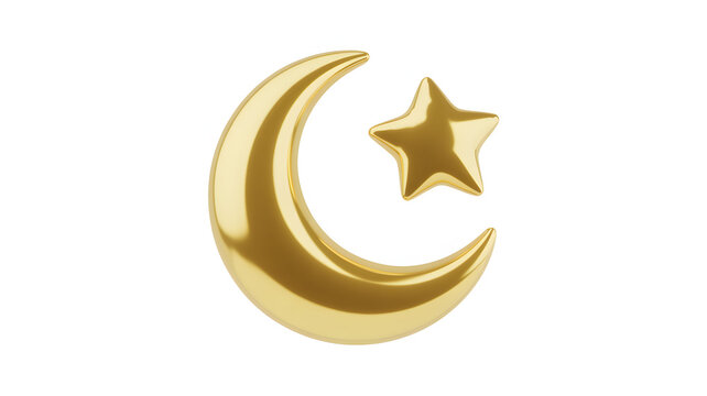 Shiny golden crescent moon and star symbols isolated on white background with three dimensional displays shiny illustration shimmering reflective
