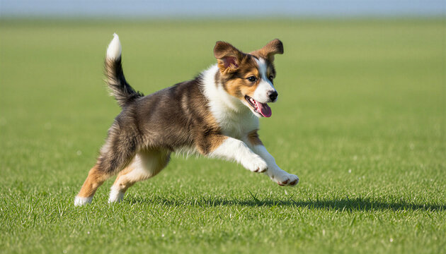 Puppy playing joyfully while running on green grass, outdoors