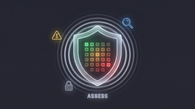Glowing shield filled with a colored risk heatmap grid as a concept for enterprise risk assessment