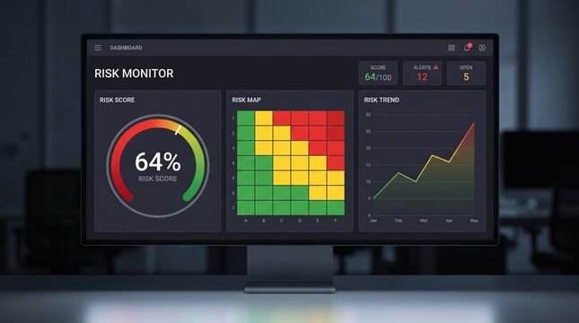 Dark mode risk assessment dashboard on a desktop monitor with a circular gauge heatmap and trend chart