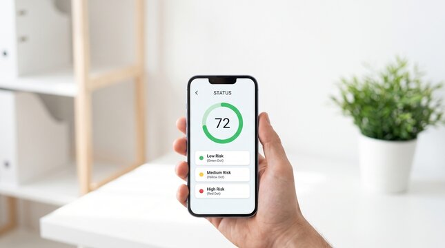 Hand holding a smartphone displaying a green risk score dashboard in a bright modern office