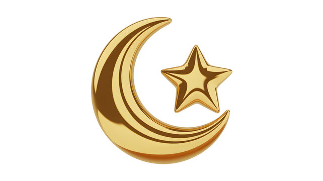 Golden crescent moon and star symbol glossy metallic religious icon isolated on white background with background casting soft shiny golden shimmering