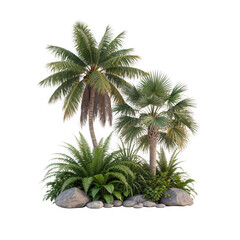 Fototapeta premium Tropical Palm Trees and Lush Ferns Arrangement with Decorative River Stones Isolated on White Background for Interior Design Elements