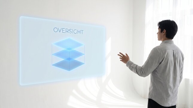 Business professional presenting a layered AI oversight diagram on a floating panel in a bright white studio setting