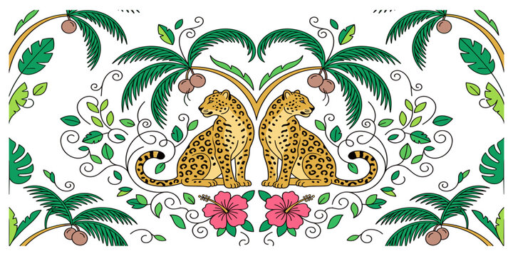  Symmetrical tropical jungle banner vector illustration with two leopards palm trees and exotic floral elements