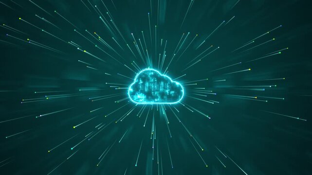 Motion graphic of a glowing digital cloud representing cloud computing and data storage, featuring fast particle streams designed for modern IT and digital transformation presentations.
