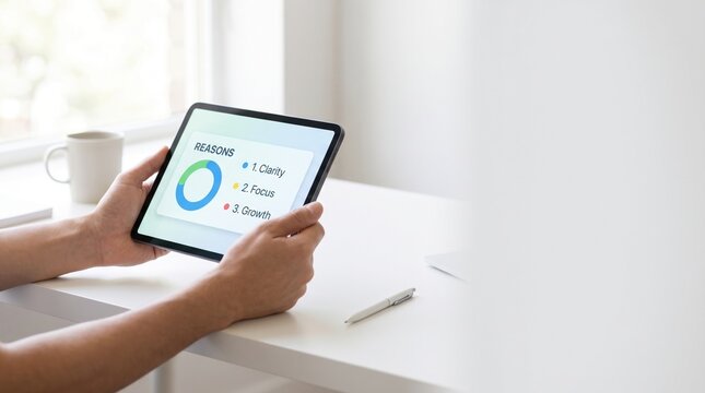 Hands holding a tablet showing a light mode AI explanation card with a donut chart and labeled reasons