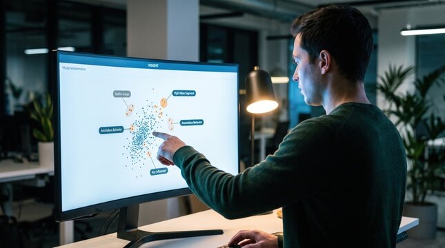 Data scientist pointing at a model interpretation scatter plot with callout labels on a monitor at a standing desk