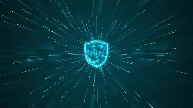 Motion graphic of a glowing digital shield representing cybersecurity and data protection, featuring fast moving particle streams designed for modern internet security presentations.