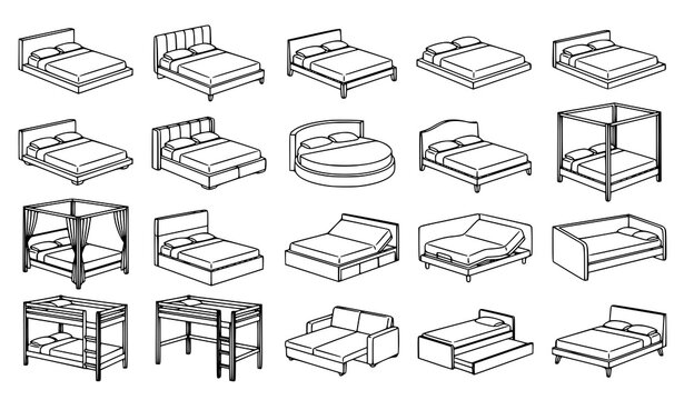 Modern Luxury Platform Upholstered Canopy King and Minimalist Bed Thin Line Vector Collection