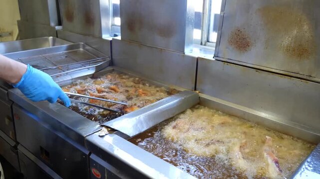 Raw chicken pieces are submerged into hot boiling oil vats using metal tongs inside a commercial restaurant kitchen environment for professional frying