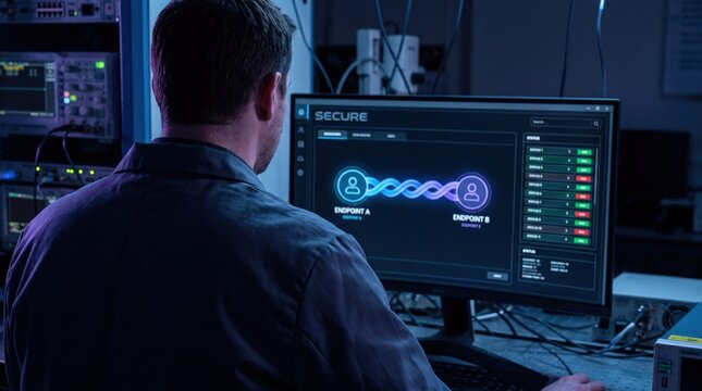 Research scientist reviewing a quantum secure key exchange diagram on a monitor in a dark laboratory