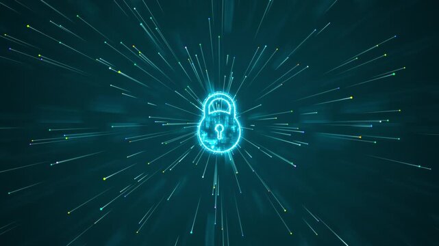 Motion graphic of a glowing digital padlock symbolizing secure access and encryption, featuring fast particle streams designed for modern cybersecurity and password protection.