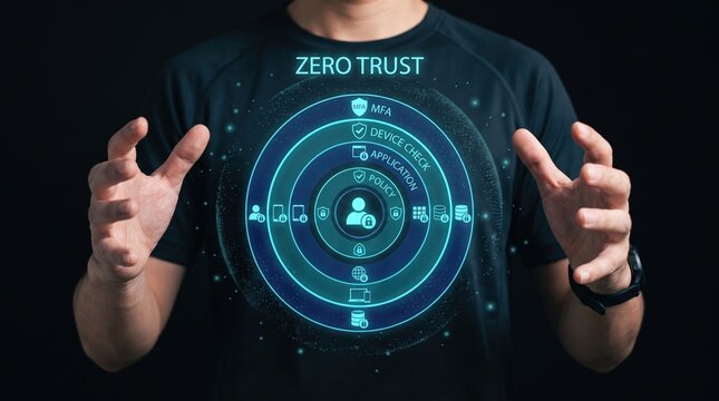 IT professional framing a holographic zero trust security diagram with concentric verification rings