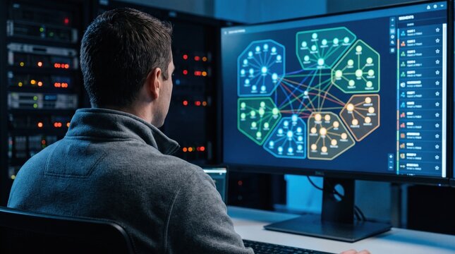 Security architect reviewing a segmented network map on a large wall monitor in a dim operations room
