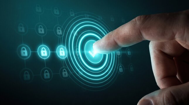 Fingertip pressing a glowing verification button creating expanding ripples across a grid of secured nodes