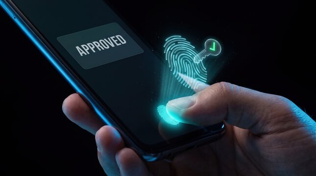 Thumb pressing a glowing fingerprint sensor on a smartphone with holographic biometric ridges expanding into the air