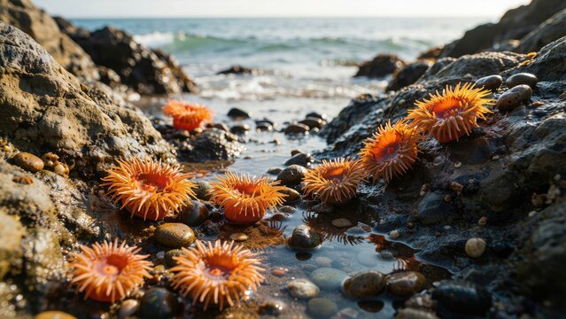 Orange sea anemones in a tide pool on a rocky coast. Nature.