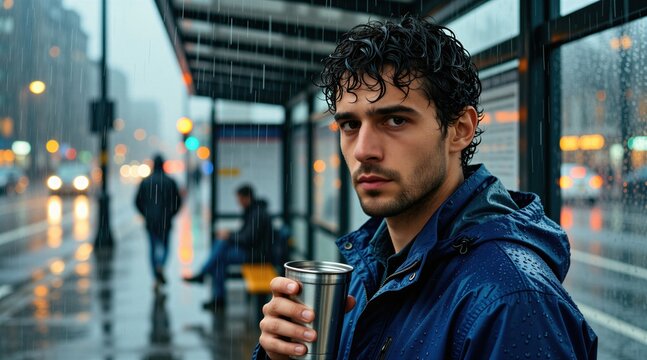 Man with wet curly hair holds metallic cup at city bus stop. Evening rainfall wets his blue jacket. He waits with intense gaze under shelter. Urban transit setting with blurry lights.