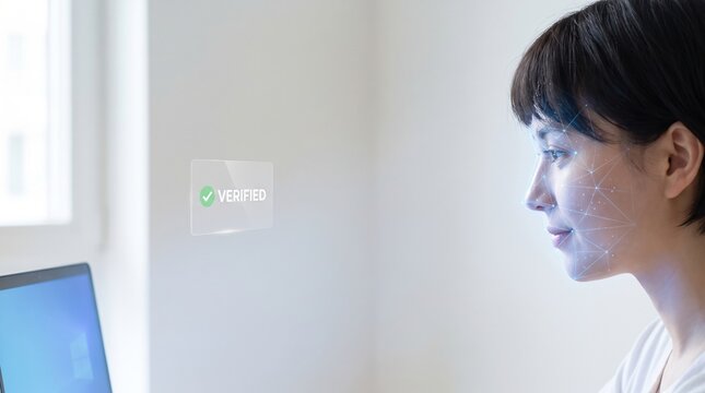 Face profile with a translucent facial recognition mesh overlay during a secure biometric verification scan