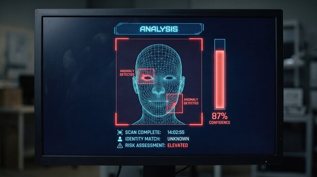 Deepfake detection interface on a monitor showing a wireframe face with highlighted anomaly regions and a confidence gauge