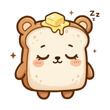 Cute sleepy bear bread character with melting butter and cozy kawaii design