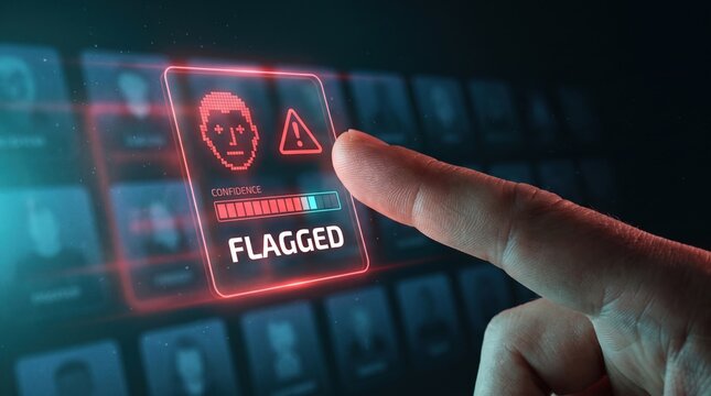 Finger tapping a floating alert card flagging suspected synthetic media content among dimmed thumbnails