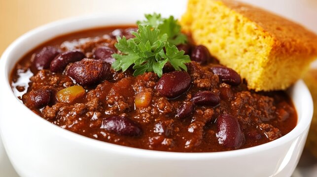 Savory beef chili with kidney beans in a white bowl, garnished with fresh parsley and served with a slice of golden cornbread