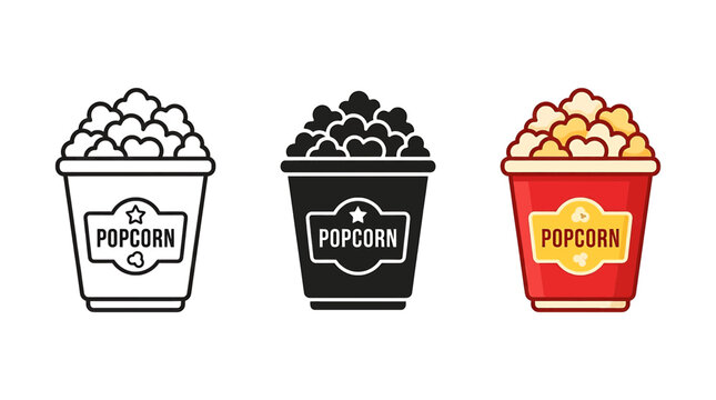 Collection of popcorn bucket icons in line, solid, and flat color styles for cinema, snack, and food service branding